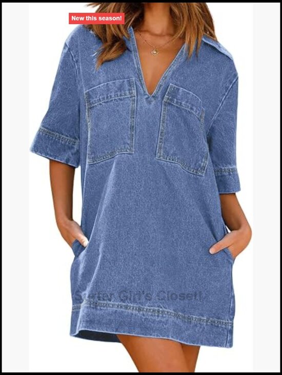 Dresses & Skirts - Casual Jean Dress Short Sleeve V-Neck A-Line Mini Denim Tunic Pullover Summer